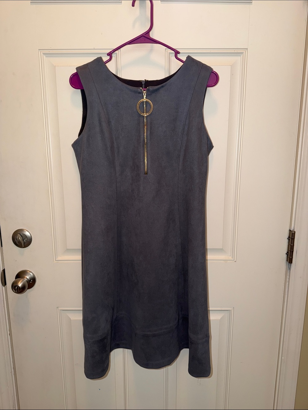 DKNY Sleeveless Charcoal Gray Mini Dress with Gold Ring Zip
